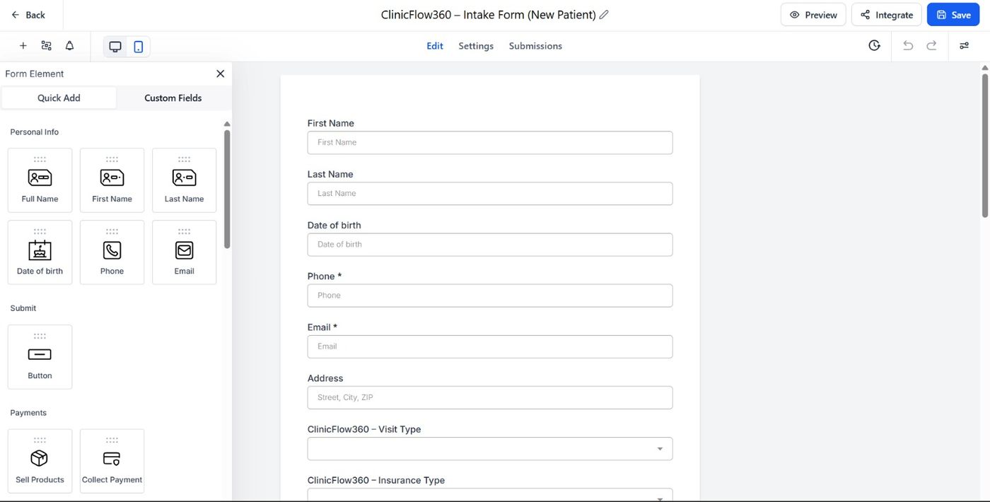 Intake form builder showing custom fields