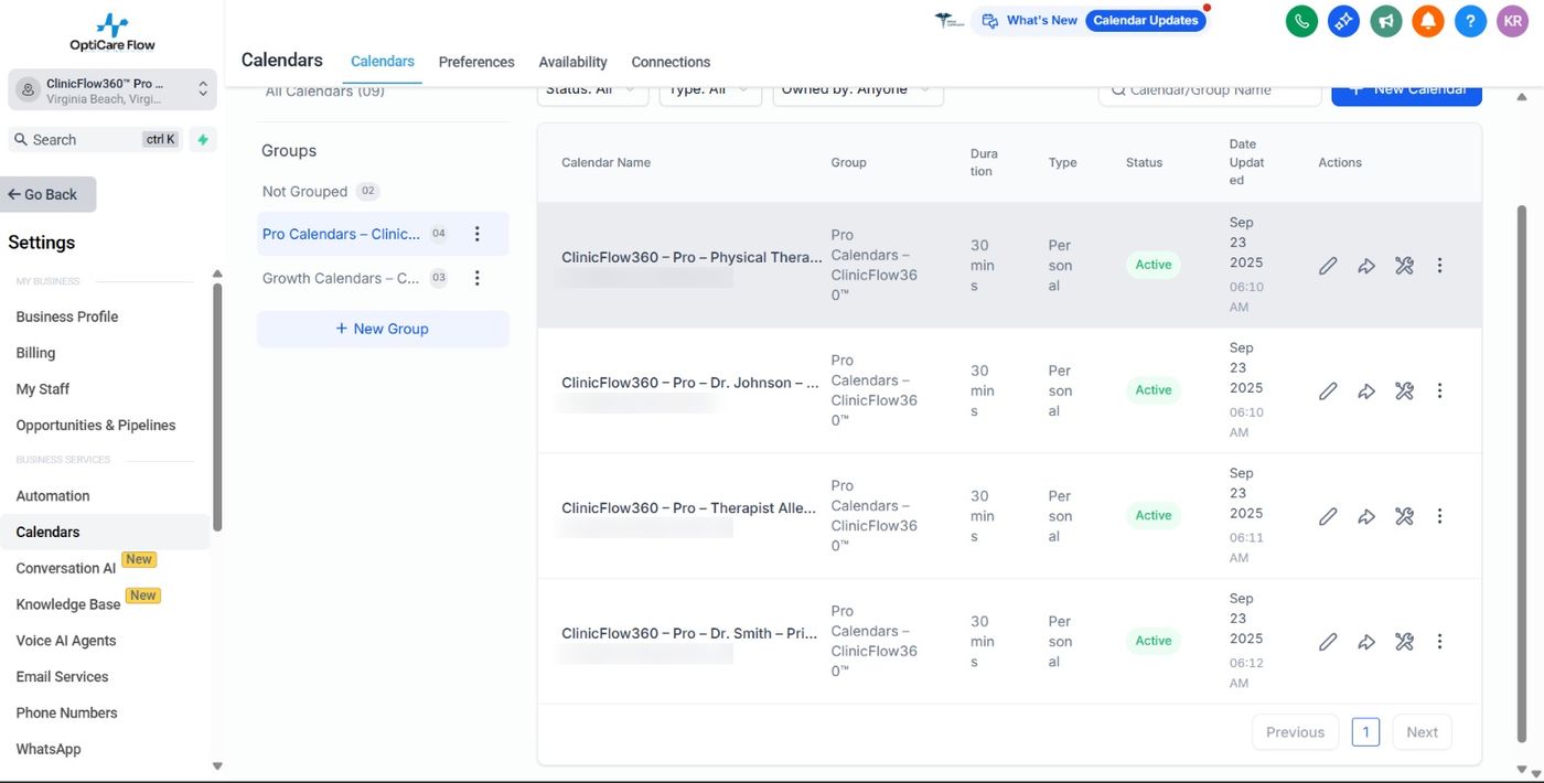 Calendar groups by provider