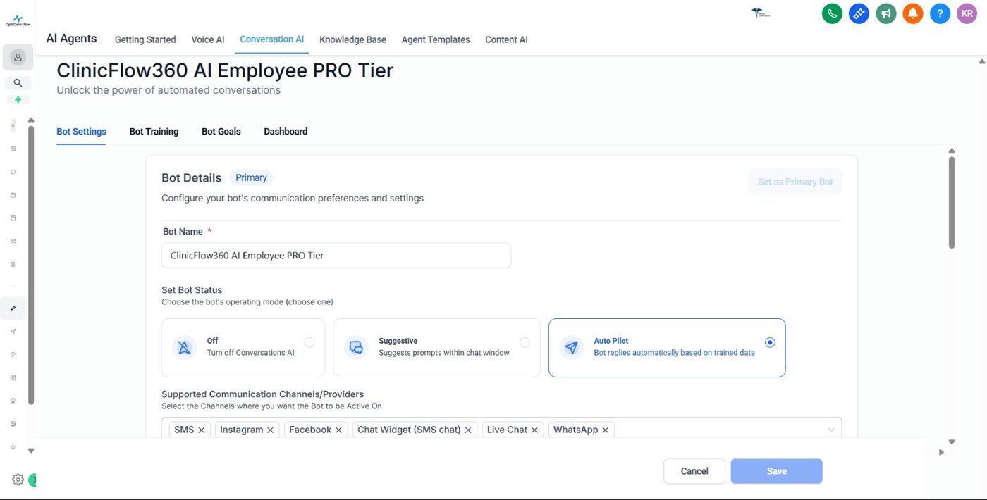 Conversation AI bot settings across channels