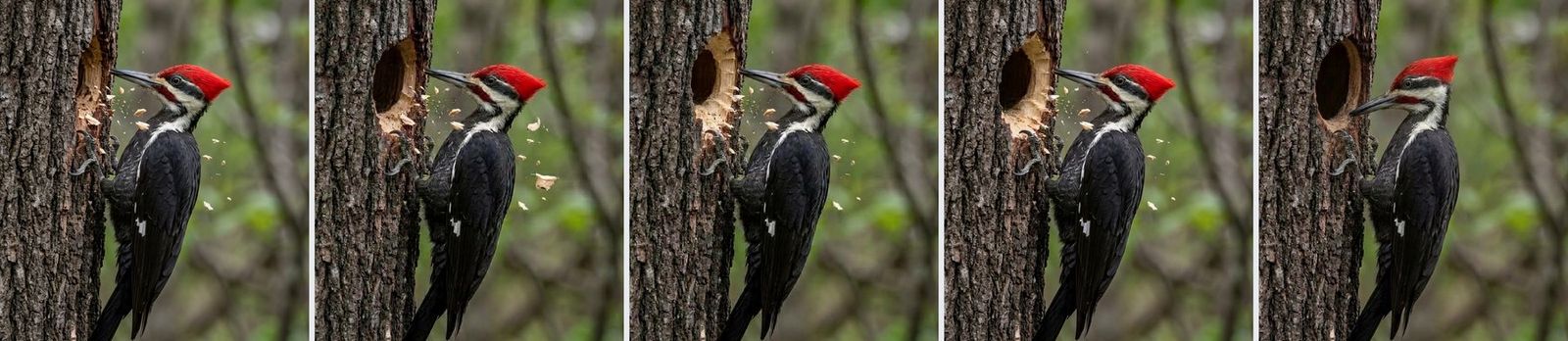 Five generated states showing a woodpecker cavity deepening into a tree trunk